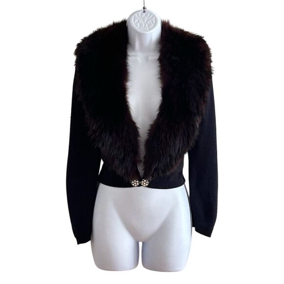 Vintage Orlon Black Cardigan M Fur Collar Rhinestone - Picture 8 of 8
